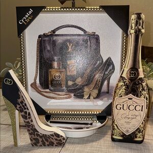 Gucci Leopard Print Stiletto and Champagne Decor 3 Piece Set 14 by 14